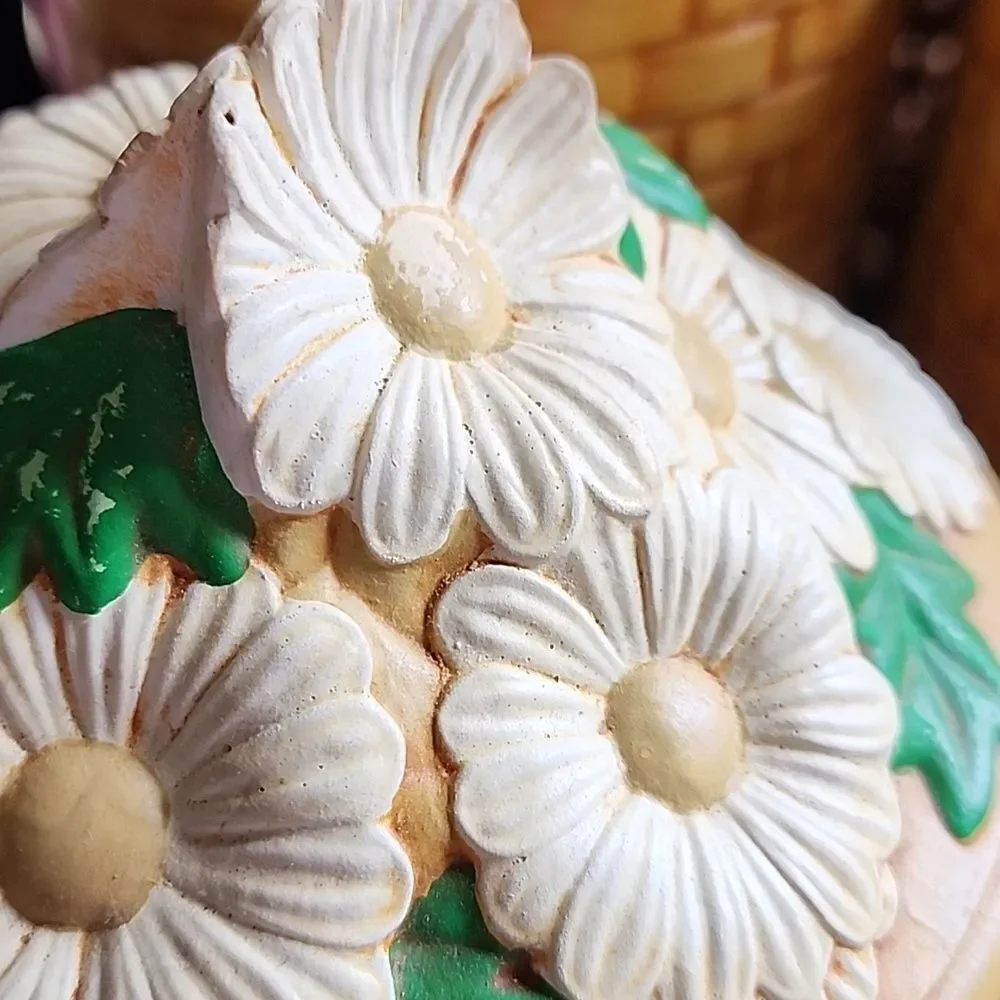 Vintage 70's Set Of 4 Daisy & Basket Weave Ceramic Canisters